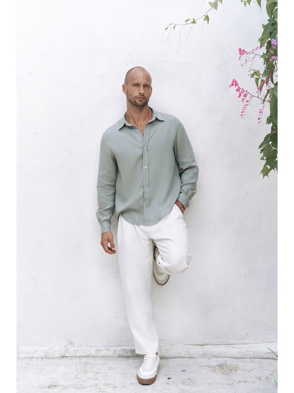 Yeşil Bice Mint Keten Oversize Erkek Gömlek-1