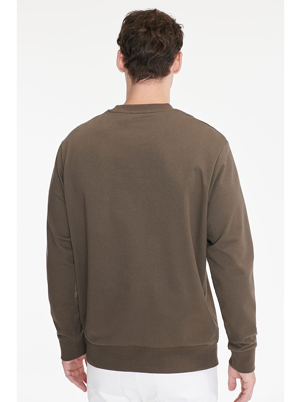 Erkek Haki Pamuklu Standart Fit Normal Kesim 2 İplik Bisiklet Yaka Sweatshirt-4