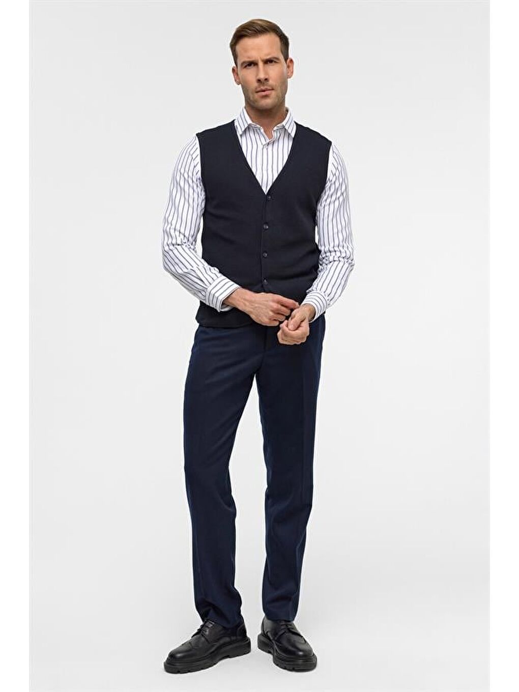 Lacivert Regular Kapitone V Yaka Yelek-6