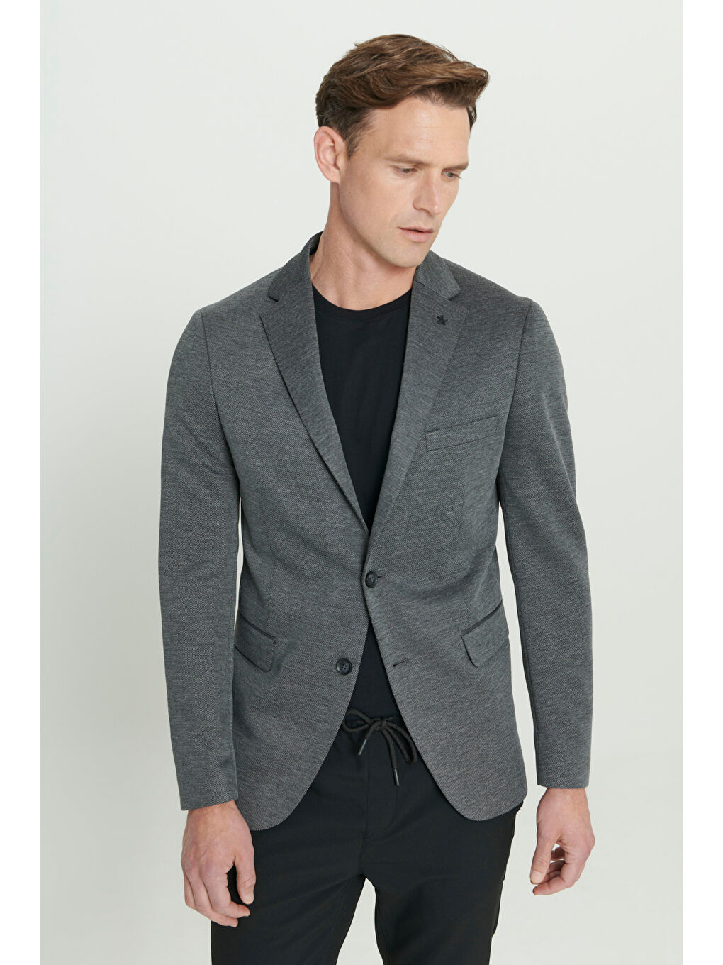 Erkek Antrasit 360 Her Yöne Esneyen Slim Fit Dar Kesim Mono Yaka Desenli Blazer Ceket-4