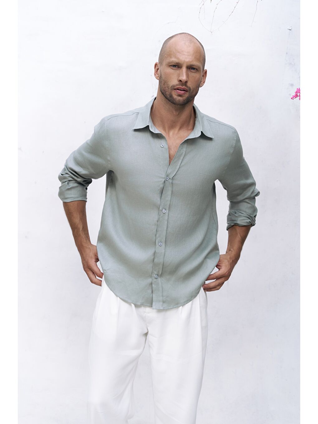 Yeşil Bice Mint Keten Oversize Erkek Gömlek-2