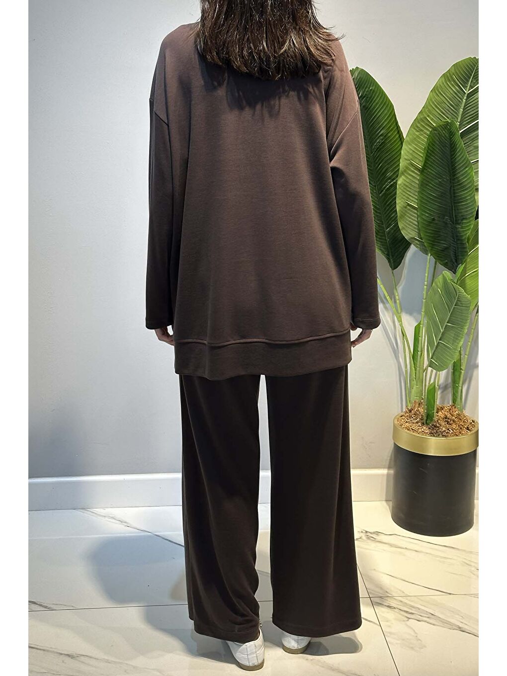 Kahverengi Tonaton Yüksek Baskılı Taşlı Pantolonlu Takım 17146 Acı Kahve-3