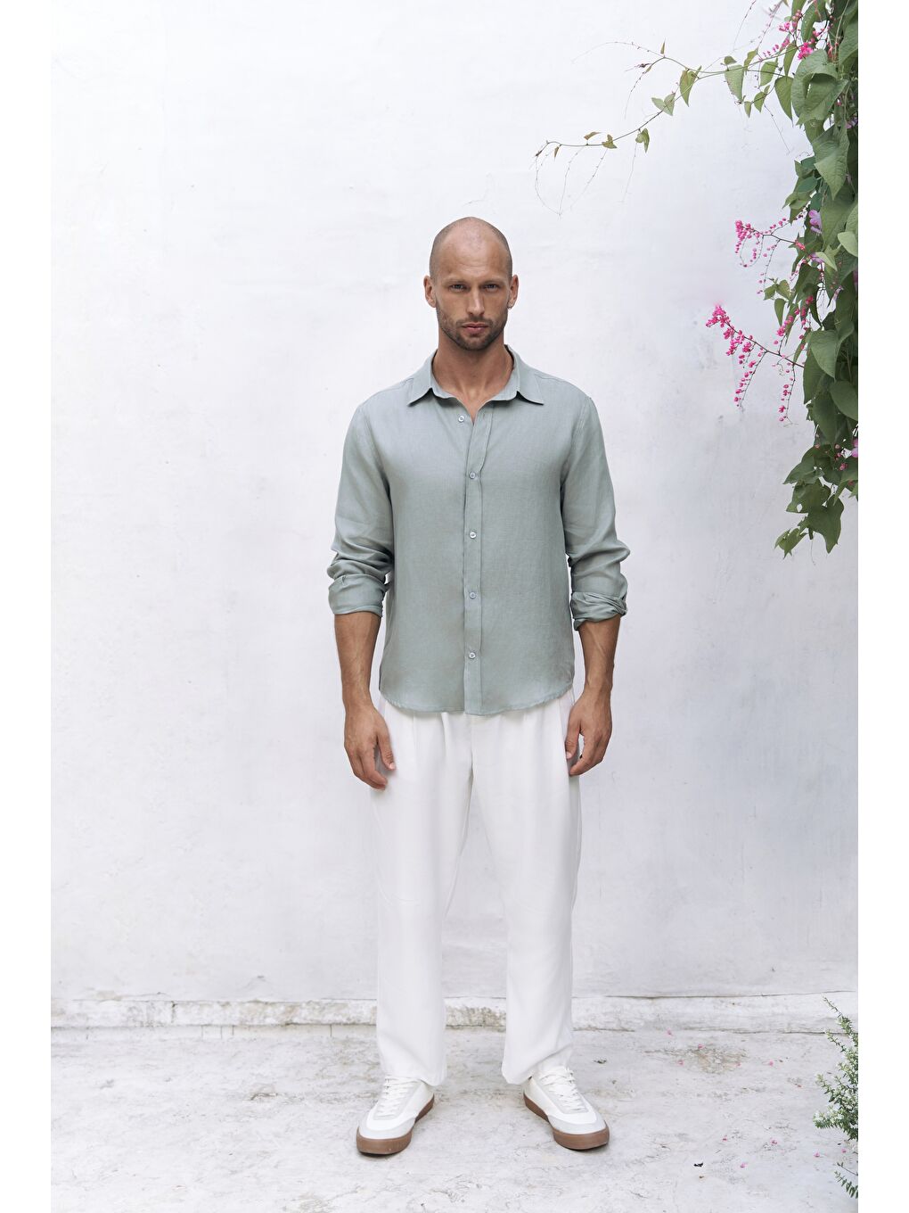 Yeşil Bice Mint Keten Oversize Erkek Gömlek-3