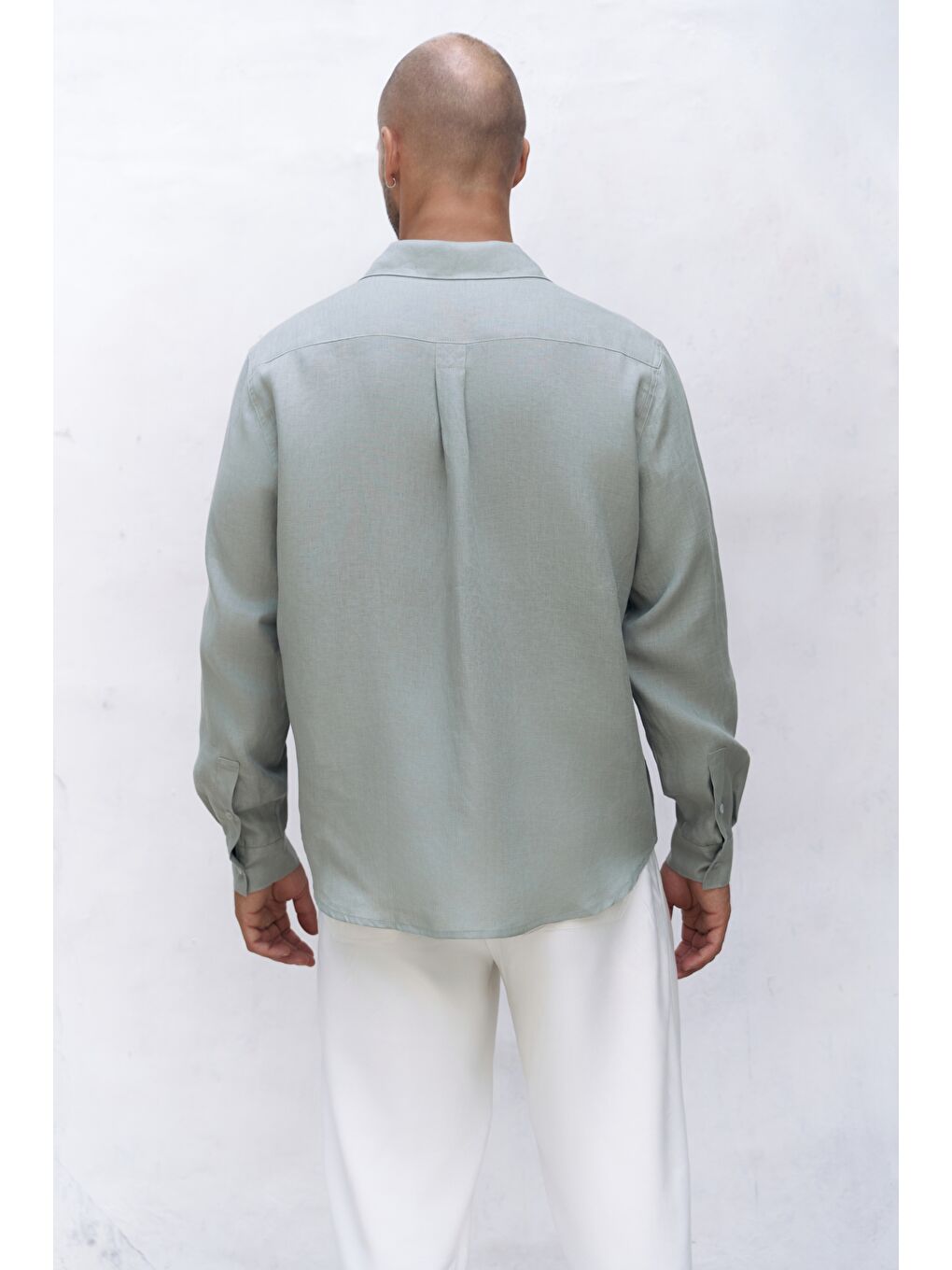 Yeşil Bice Mint Keten Oversize Erkek Gömlek-4