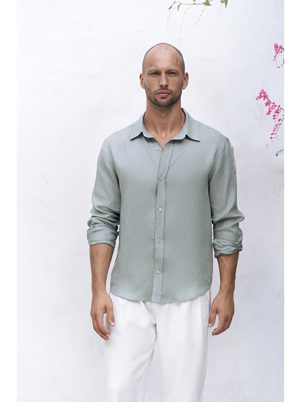 Yeşil Bice Mint Keten Oversize Erkek Gömlek-5