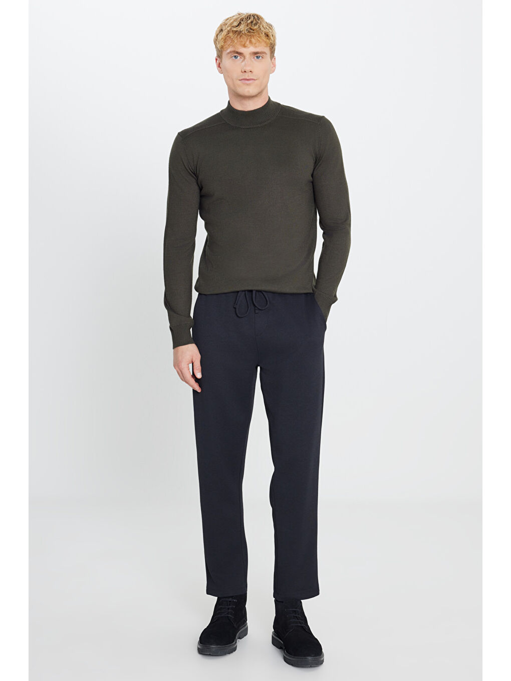 Erkek Haki Balıkçı Yaka Uzun Kollu Triko Kazak-1