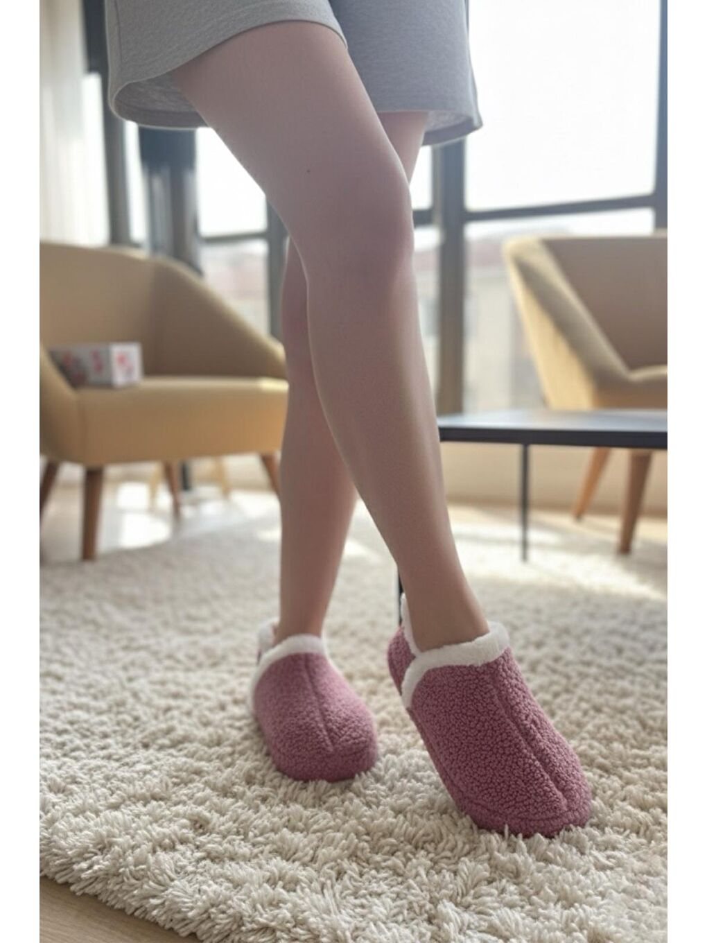 Pembe Lory Kadın Ev Botu Pelüş Ev Pandufu Ses Yapmaz Taban Sıcak Kürklü Panduf-1
