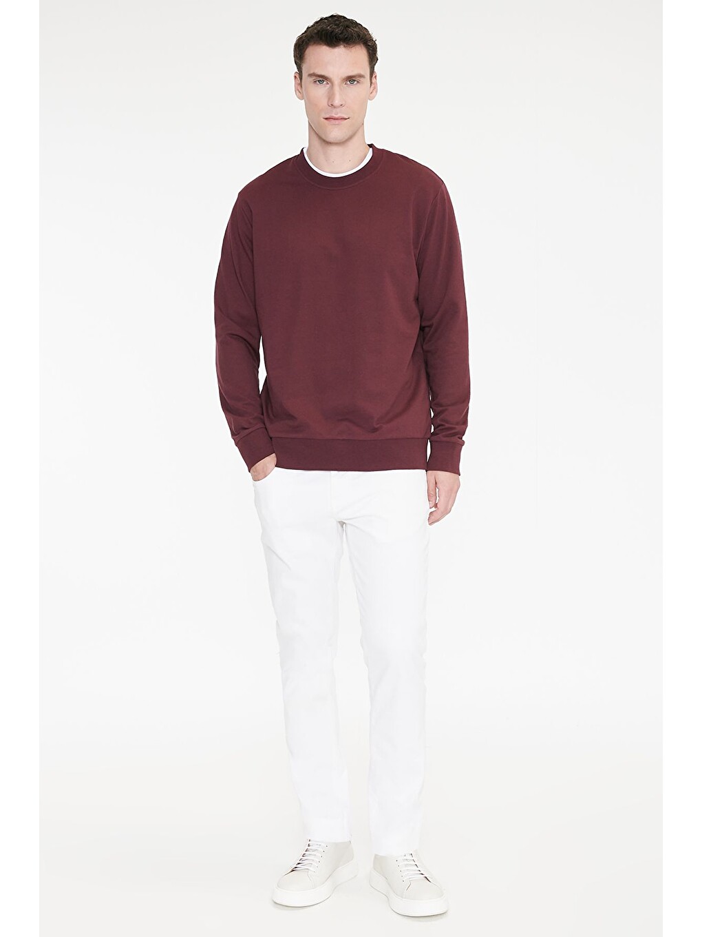 Erkek Bordo Pamuklu Standart Fit Normal Kesim 2 İplik Bisiklet Yaka Sweatshirt-1