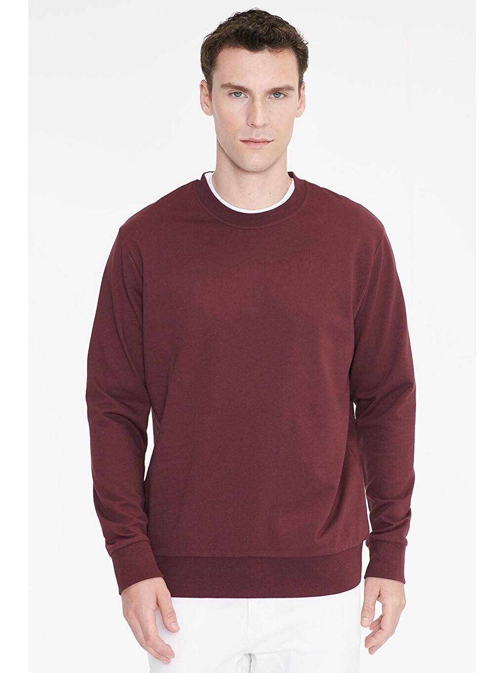 Erkek Bordo Pamuklu Standart Fit Normal Kesim 2 İplik Bisiklet Yaka Sweatshirt-2