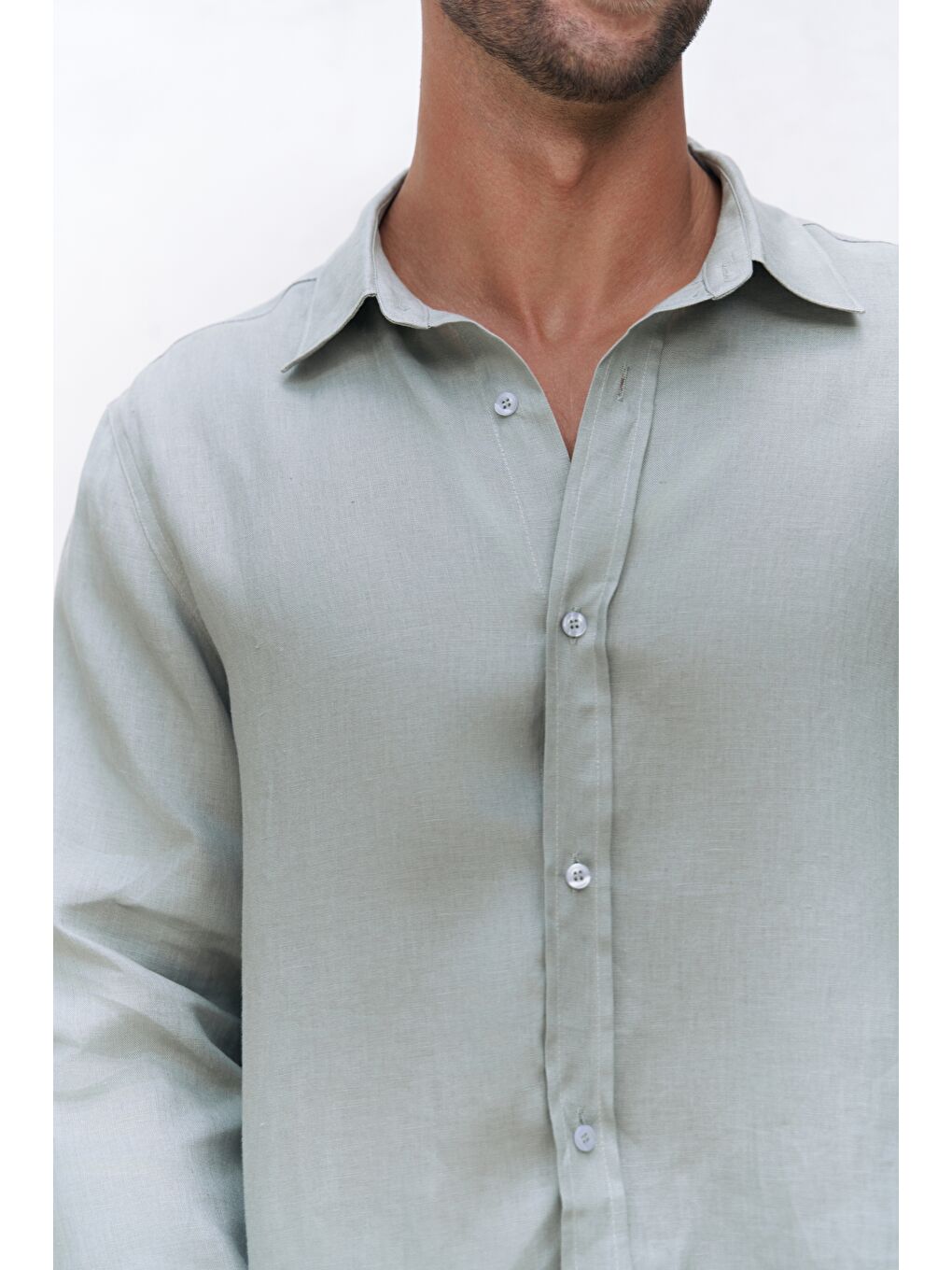 Yeşil Bice Mint Keten Oversize Erkek Gömlek-6
