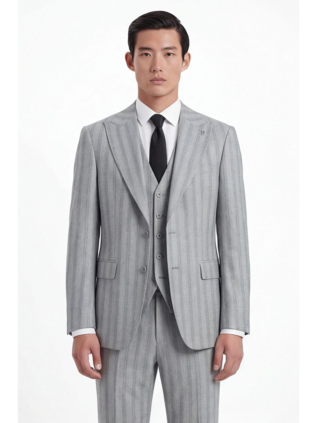 Erkek Viskon Karışımlı 8 Drop Klasik Gri Yelekli Takım Elbise