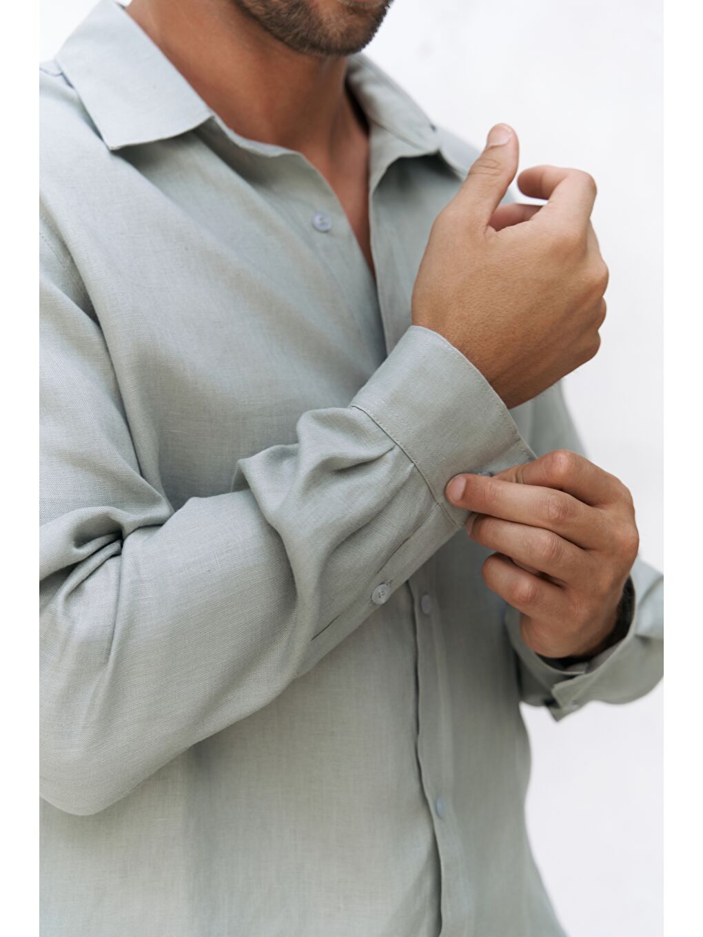 Yeşil Bice Mint Keten Oversize Erkek Gömlek-7