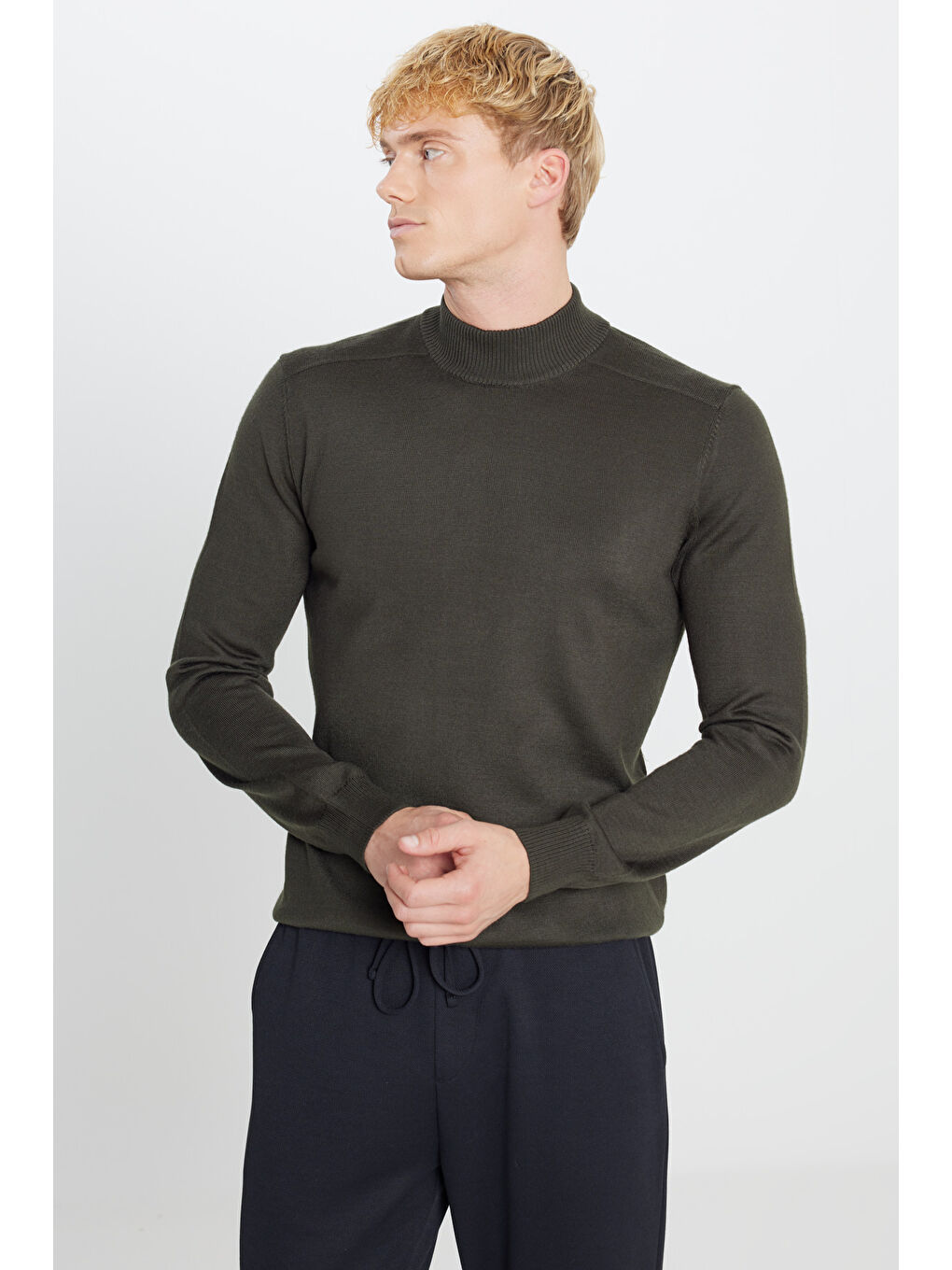 Erkek Haki Balıkçı Yaka Uzun Kollu Triko Kazak-2