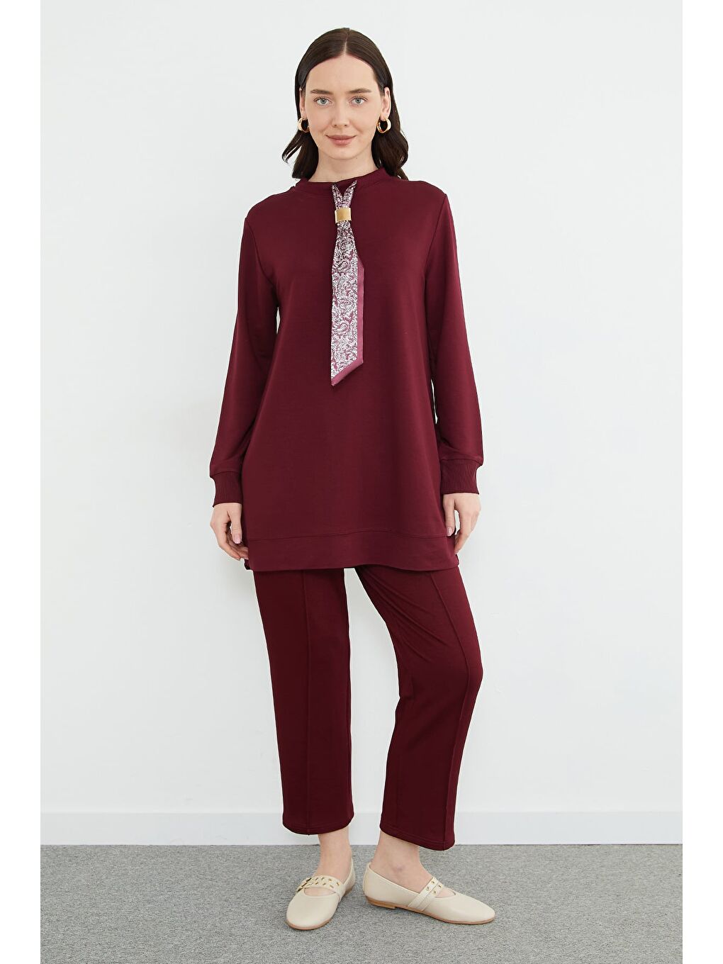 Bordo Fullamodest Fular Detaylı Çimalı Modal 2 Li Takım