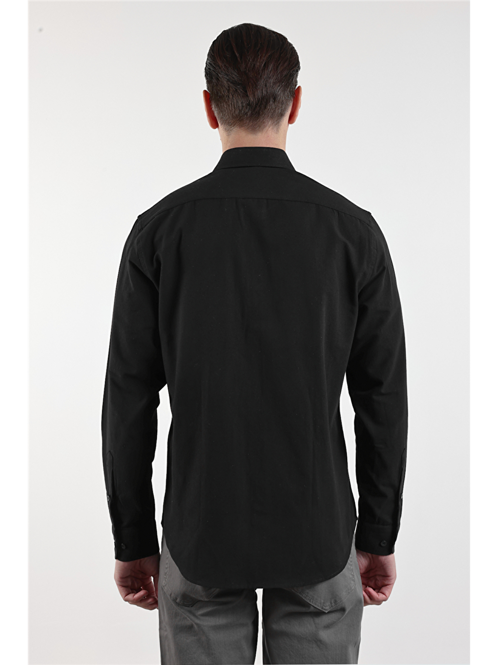 Siyah Oxford Düğmeli Yaka Uzun Kol Cepsiz Slim Fit Pamuklu  Gömlek 1004260182-4
