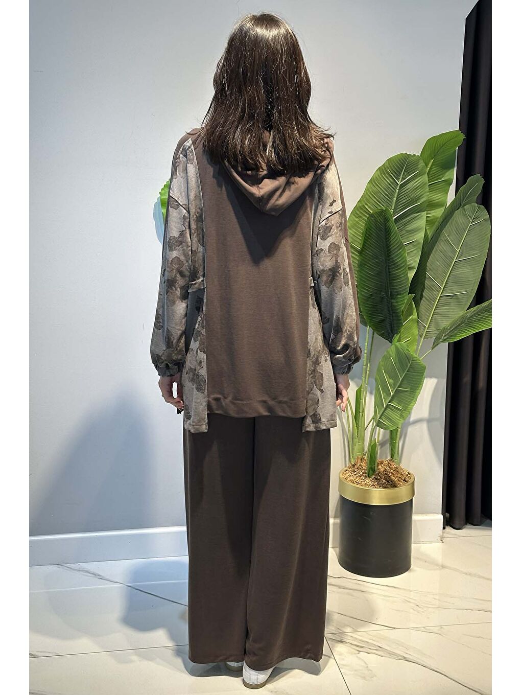 Çiçek ve Fermuar Detay Kap Pantolonlu Takım 70081-2 Kahverengi-3