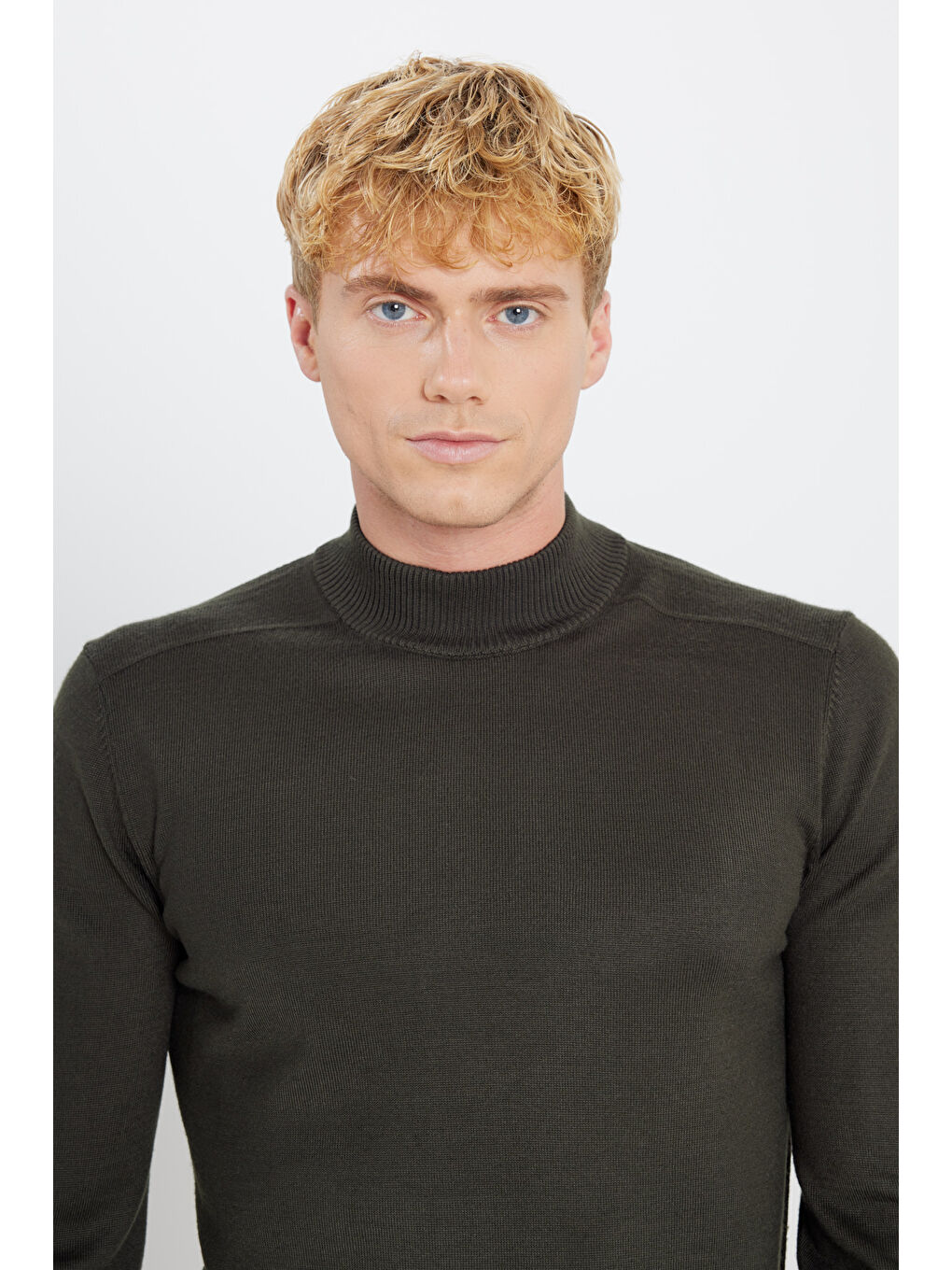 Erkek Haki Balıkçı Yaka Uzun Kollu Triko Kazak-3