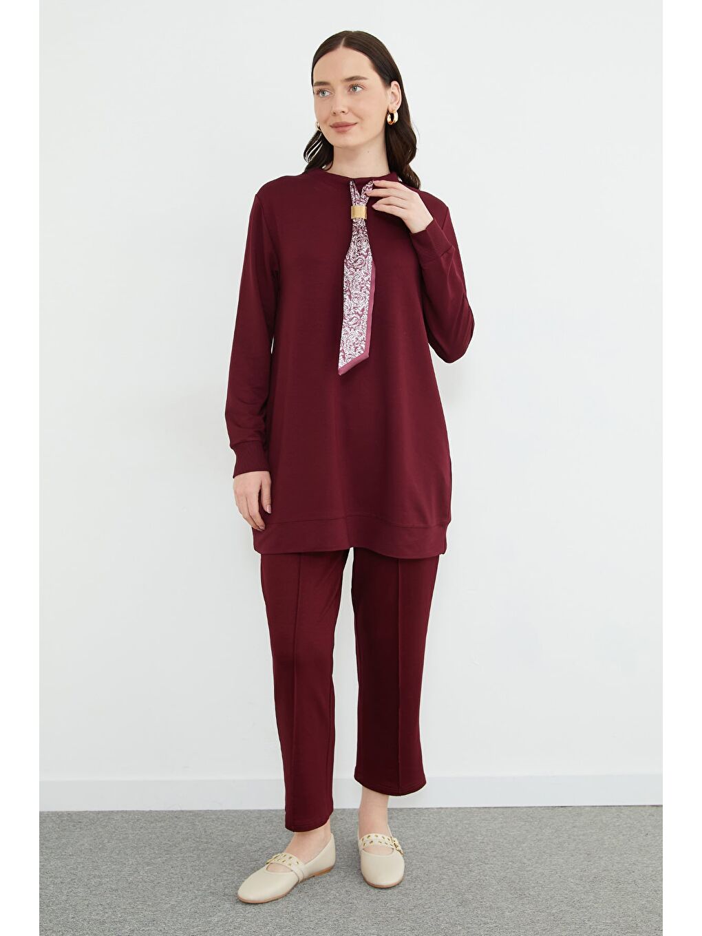 Bordo Fullamodest Fular Detaylı Çimalı Modal 2 Li Takım-1