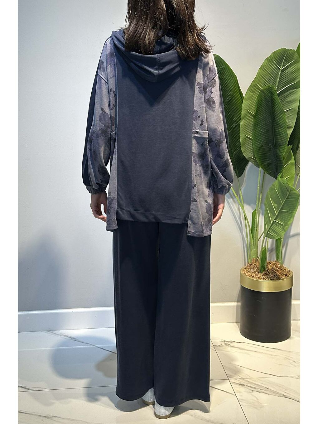 Çiçek ve Fermuar Detay Kap Pantolonlu Takım 70081-2 Lacivert-3