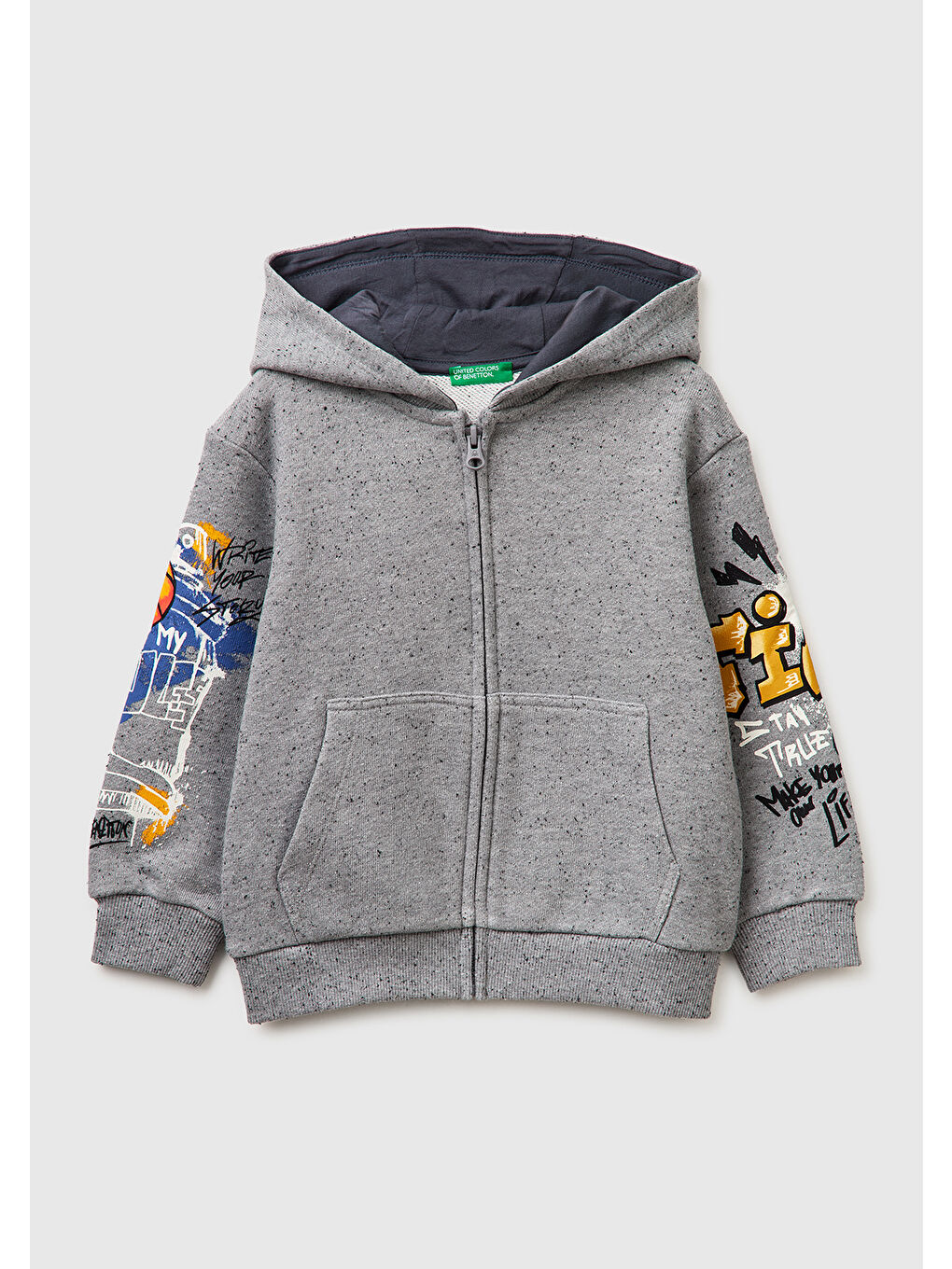 Erkek Çocuk Gri Mix Fermuarlı Kol Baskılı Kapüşonlu Sweatshirt