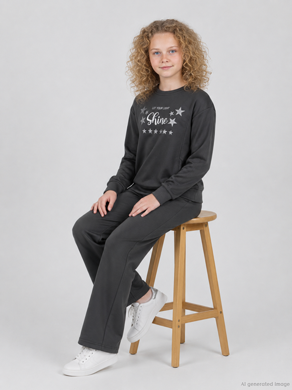 Gri Bisiklet Yaka Kız Çocuk Baskılı Sweatshirt Ve Eşofman Alt 2'li Takım-1