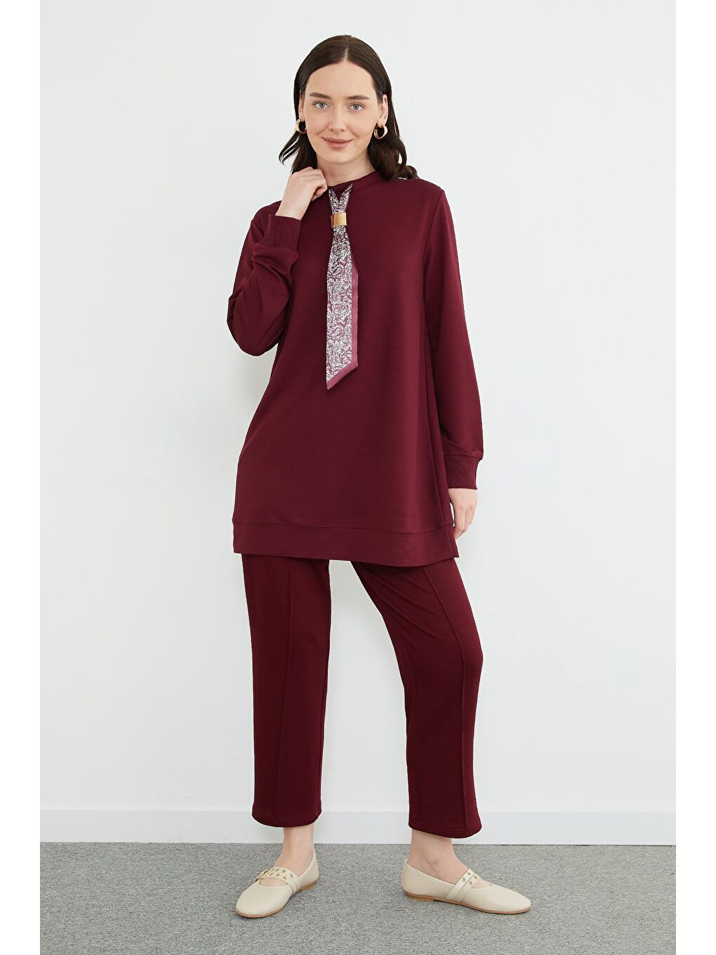 Bordo Fullamodest Fular Detaylı Çimalı Modal 2 Li Takım-4