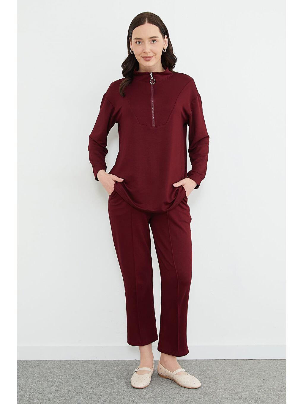 Bordo Fullamodest Yarım Fermuarlı Çimalı Modal 2 Li Takım-1