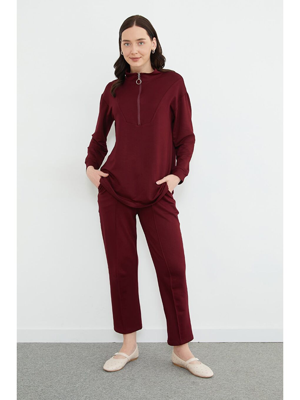 Bordo Fullamodest Yarım Fermuarlı Çimalı Modal 2 Li Takım-2