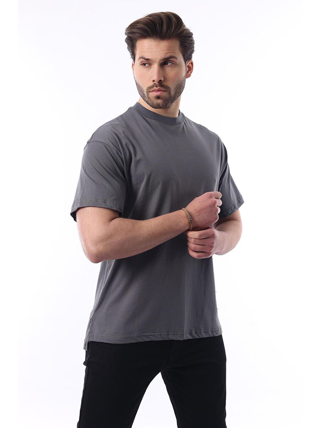 Gri Füme Bisiklet Yaka Pamuklu Arma Deyatlı Overfit Tişört 7019-1