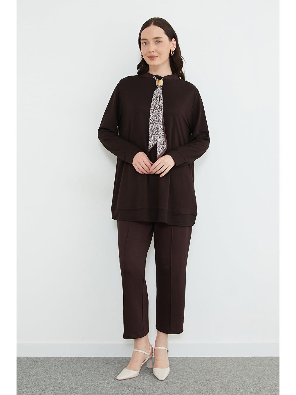 Kahverengi Fullamodest Fular Detaylı Çimalı Modal 2 Li Takım-1