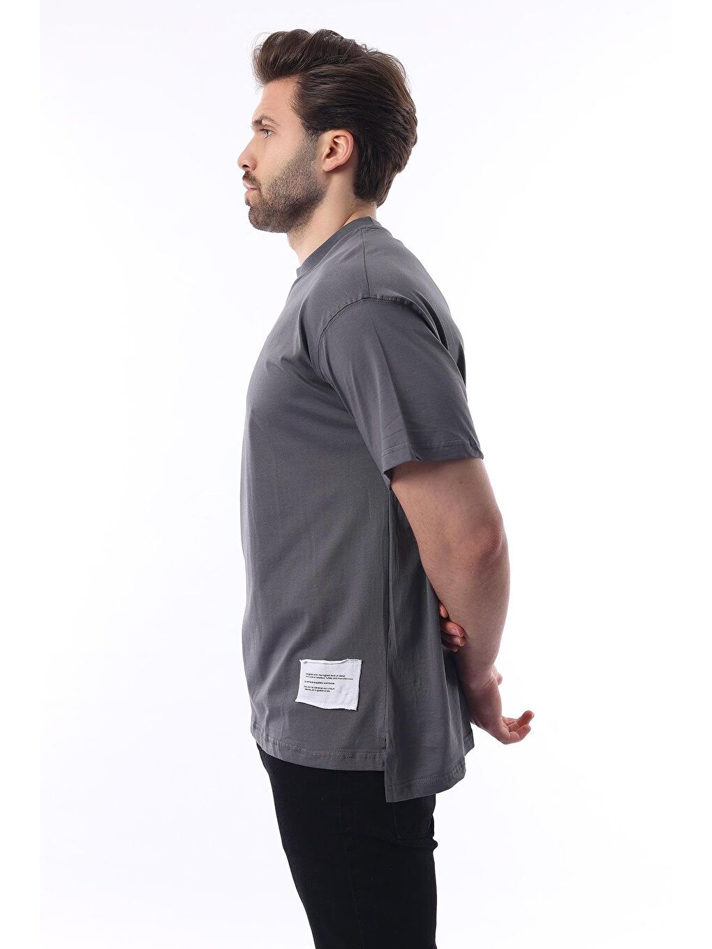 Gri Füme Bisiklet Yaka Pamuklu Arma Deyatlı Overfit Tişört 7019-2