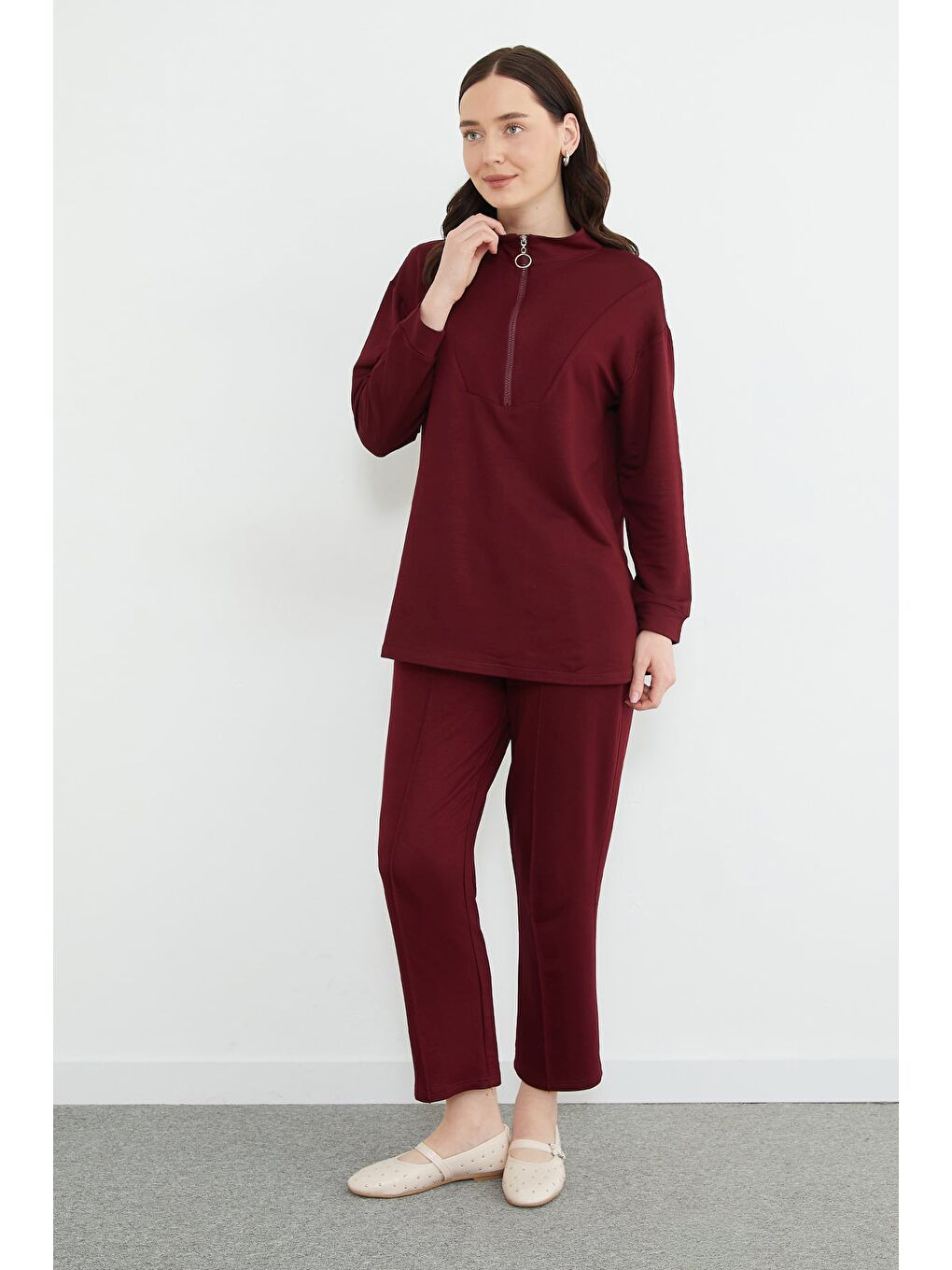 Bordo Fullamodest Yarım Fermuarlı Çimalı Modal 2 Li Takım-4