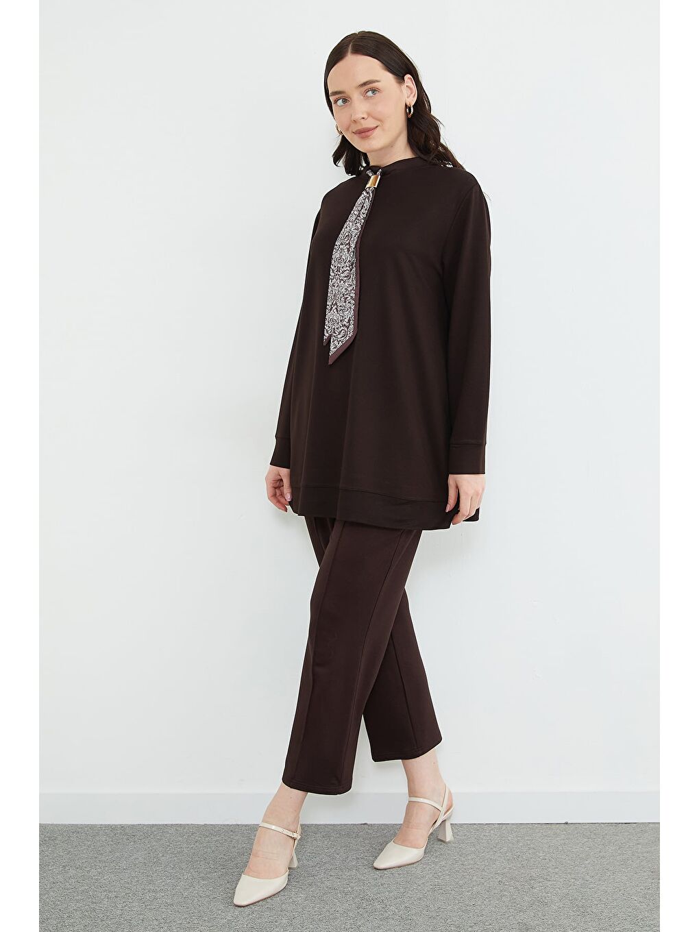 Kahverengi Fullamodest Fular Detaylı Çimalı Modal 2 Li Takım-3