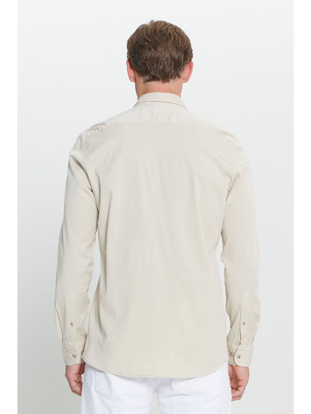 Erkek Bej Slim Fit Dar Kesim Gizli Düğme Yaka Pamuklu Gömlek-4