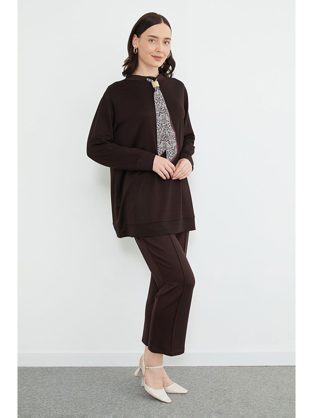 Kahverengi Fullamodest Fular Detaylı Çimalı Modal 2 Li Takım-4