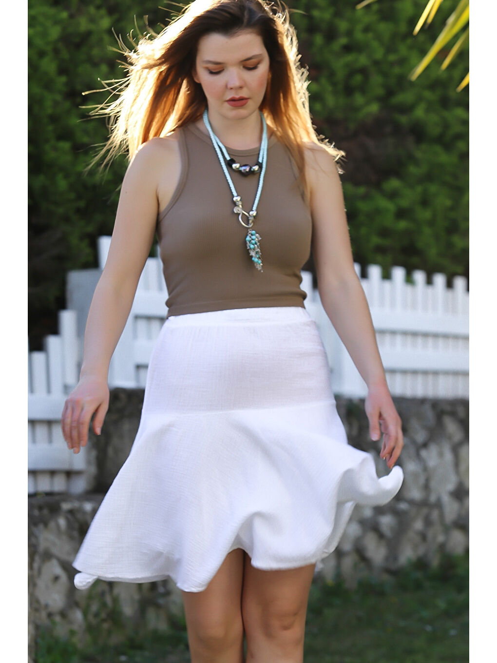 Beyaz Yıkamalı Kloş Kesim Kuşaklı Casual Müslin Dokuma Şort Etek 60 55-2