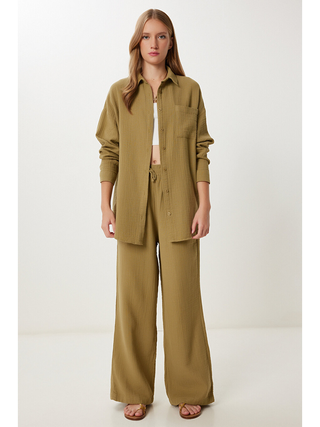 Yeşil Oversize Müslin Gömlek Pantolon Takım ZEYTİN YEŞİLİ LSA0014