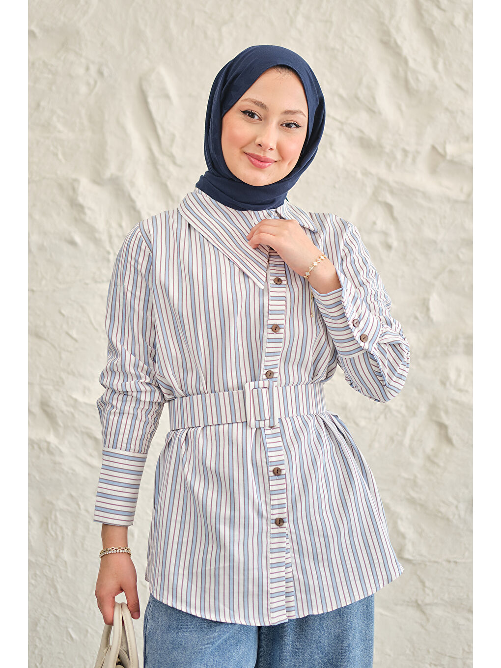 Kadın Yan Yaka Detay Bel Kemerli Gömlek Mavi-1