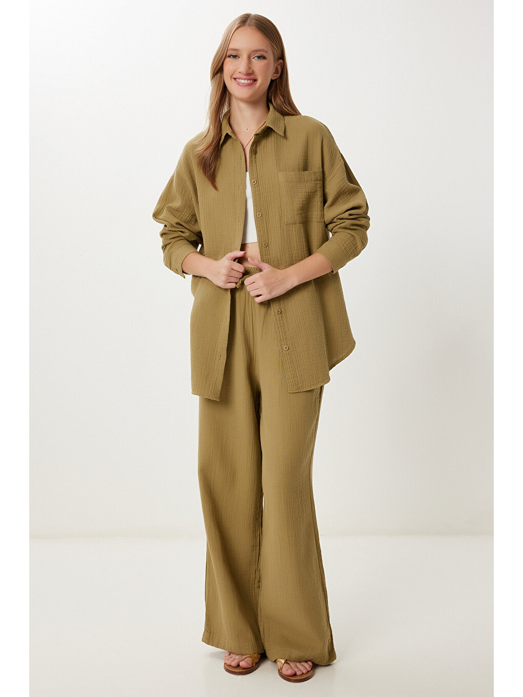 Yeşil Oversize Müslin Gömlek Pantolon Takım ZEYTİN YEŞİLİ LSA0014-1
