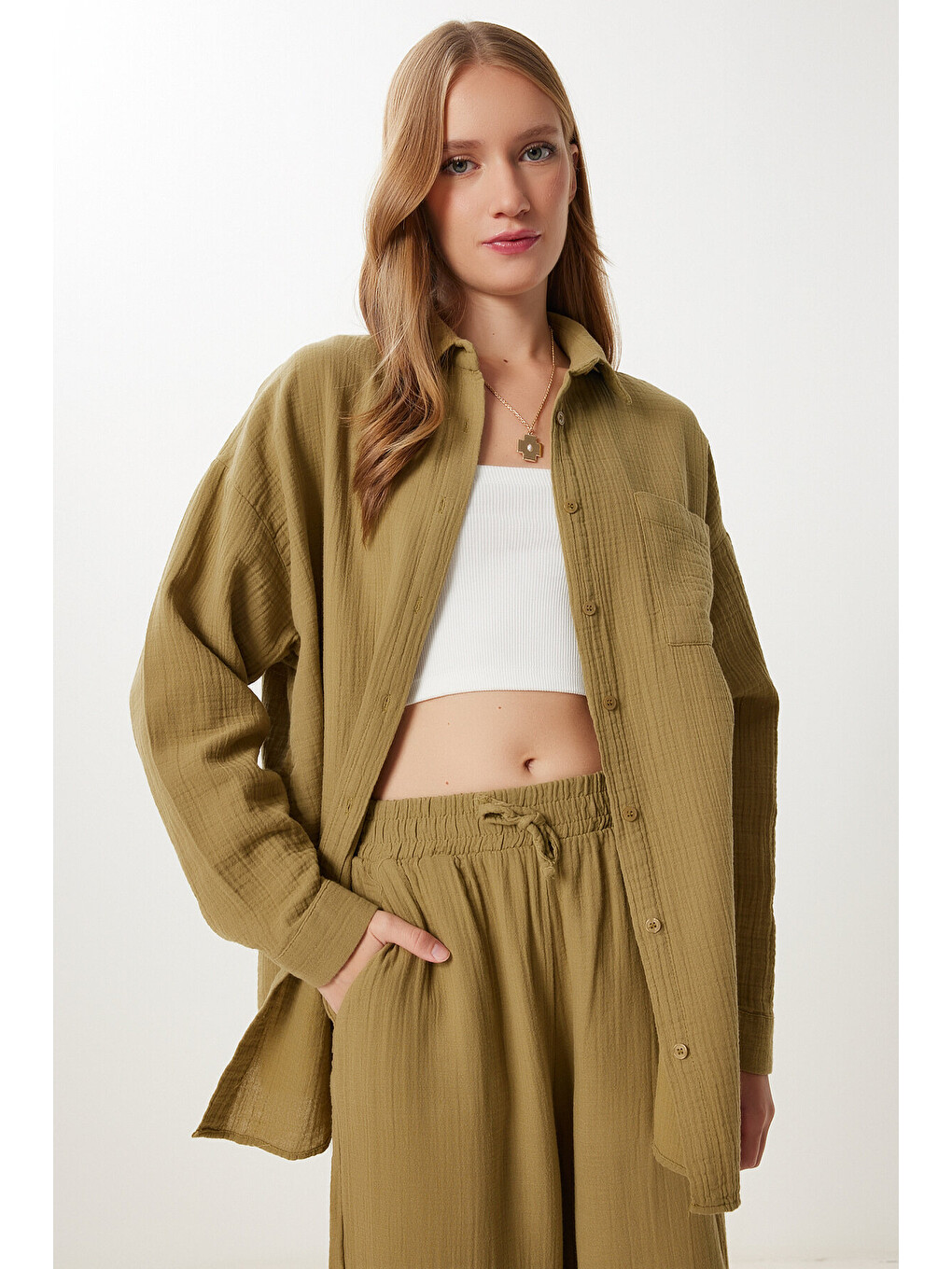 Yeşil Oversize Müslin Gömlek Pantolon Takım ZEYTİN YEŞİLİ LSA0014-2