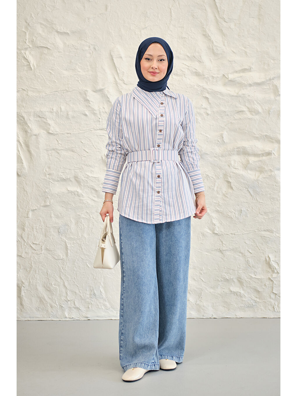 Kadın Yan Yaka Detay Bel Kemerli Gömlek Mavi-2