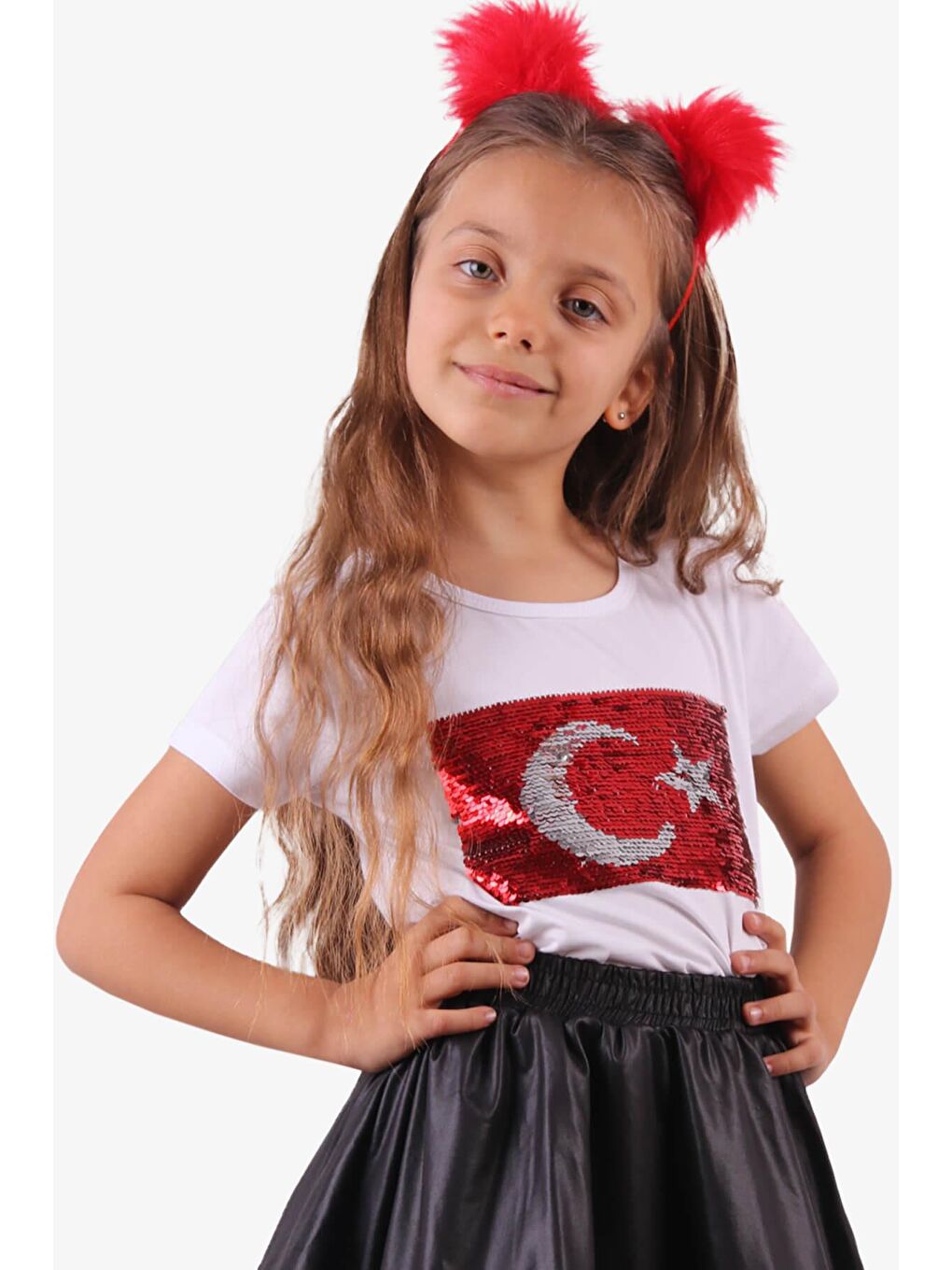 Kız Çocuk Tişört Pullu Ay Yıldızlı Beyaz (4-14 Yaş)