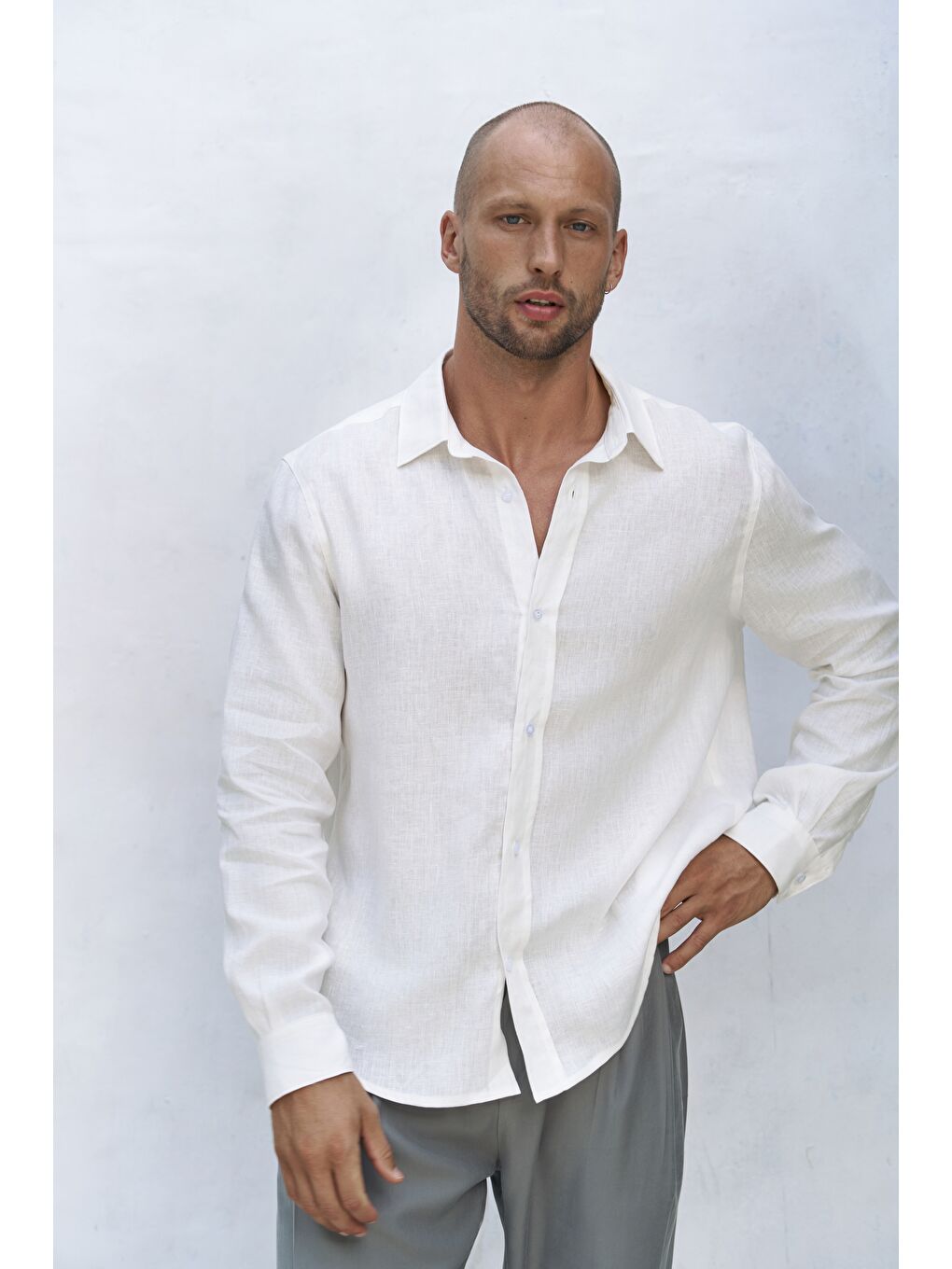 Bice Ekru Keten Oversize Erkek Gömlek-4