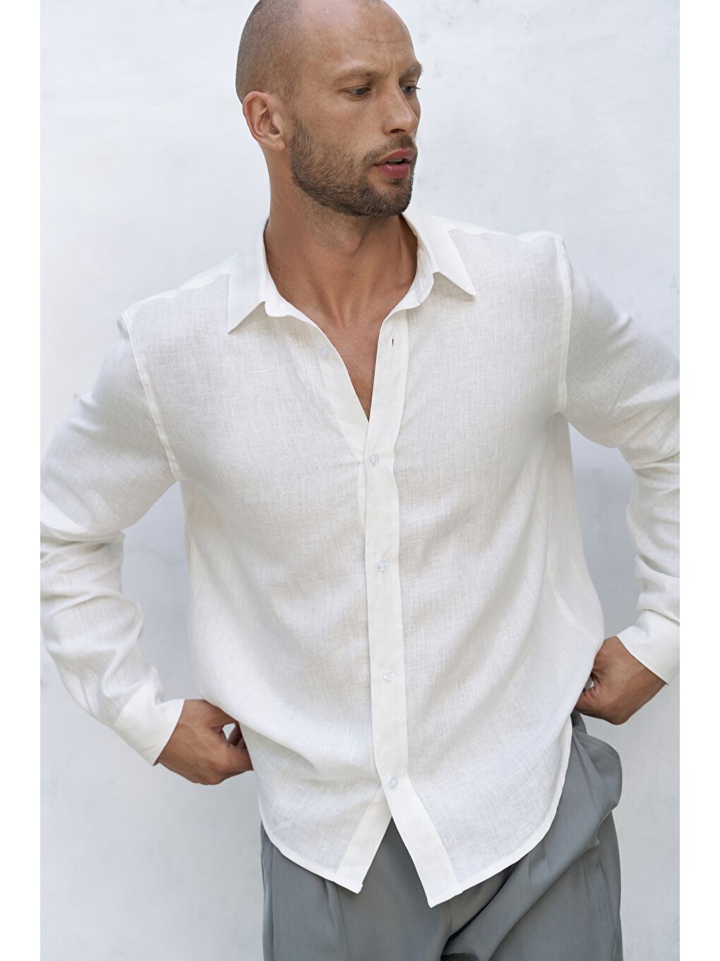 Bice Ekru Keten Oversize Erkek Gömlek-5