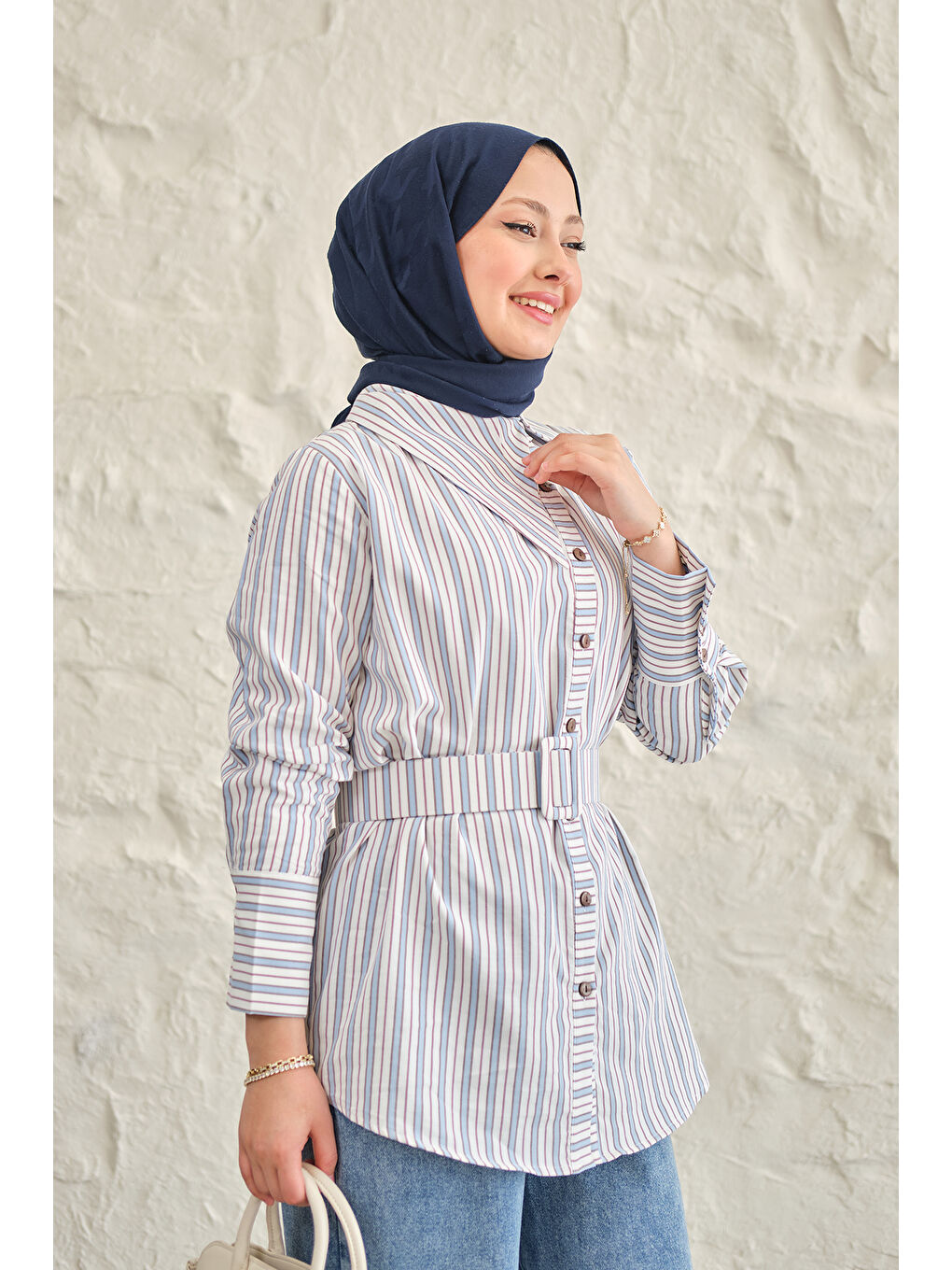 Kadın Yan Yaka Detay Bel Kemerli Gömlek Mavi-3