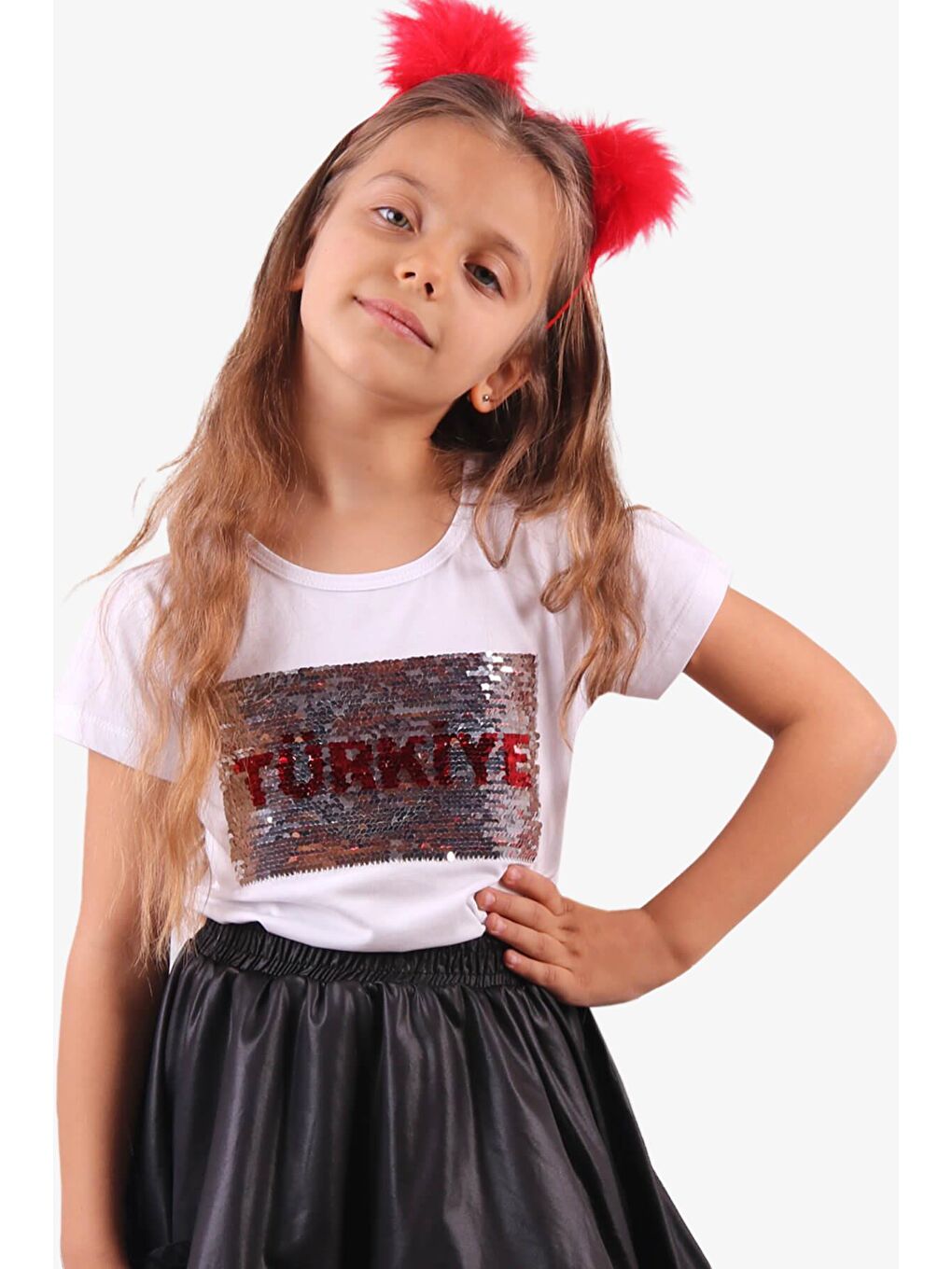 Kız Çocuk Tişört Pullu Ay Yıldızlı Beyaz (4-14 Yaş)-1