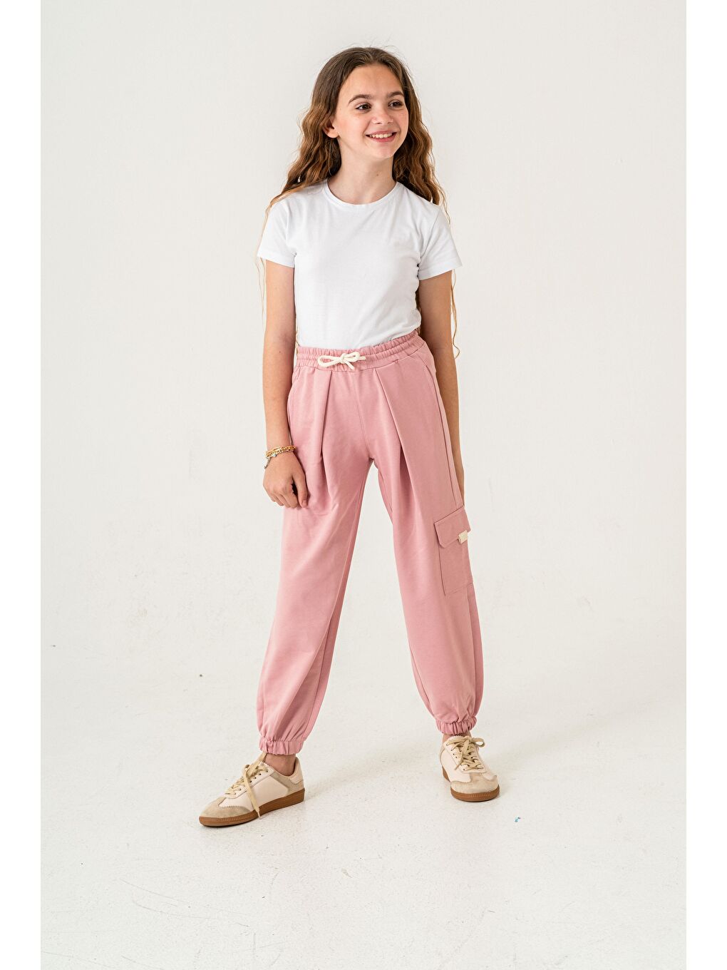 Pembe Kargo Cepli Paça Lastikli Cep Kapagı Balıksırtlı Kız Çocuk Eşofman Altı-1