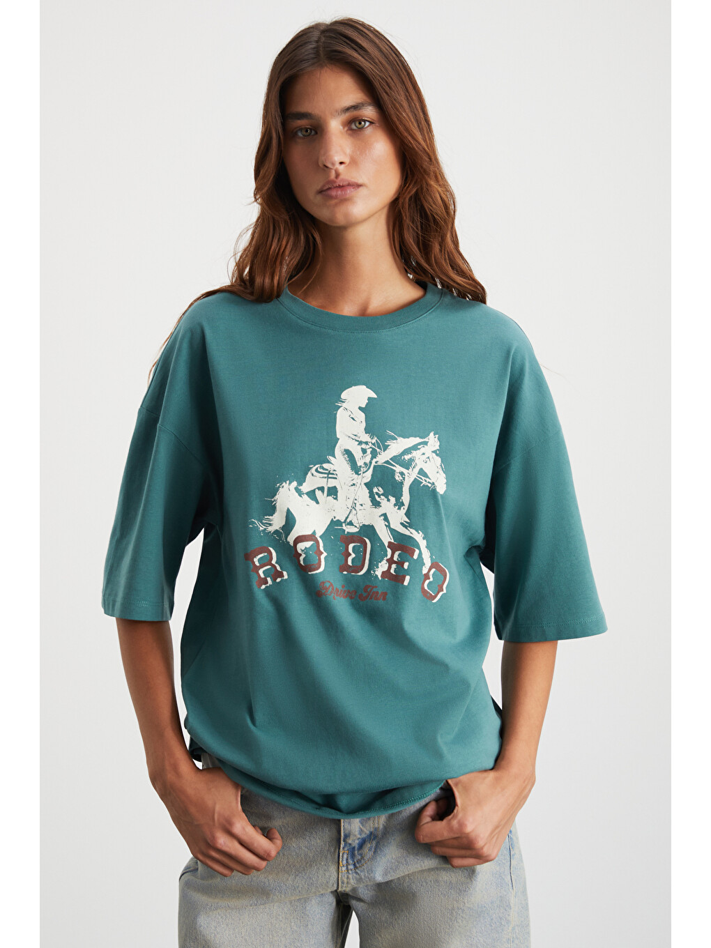 Yeşil MAJER Kadın %100 Organik Pamuklu Western Tema Baskılı Regular Fit YEŞİL T-Shirt-4