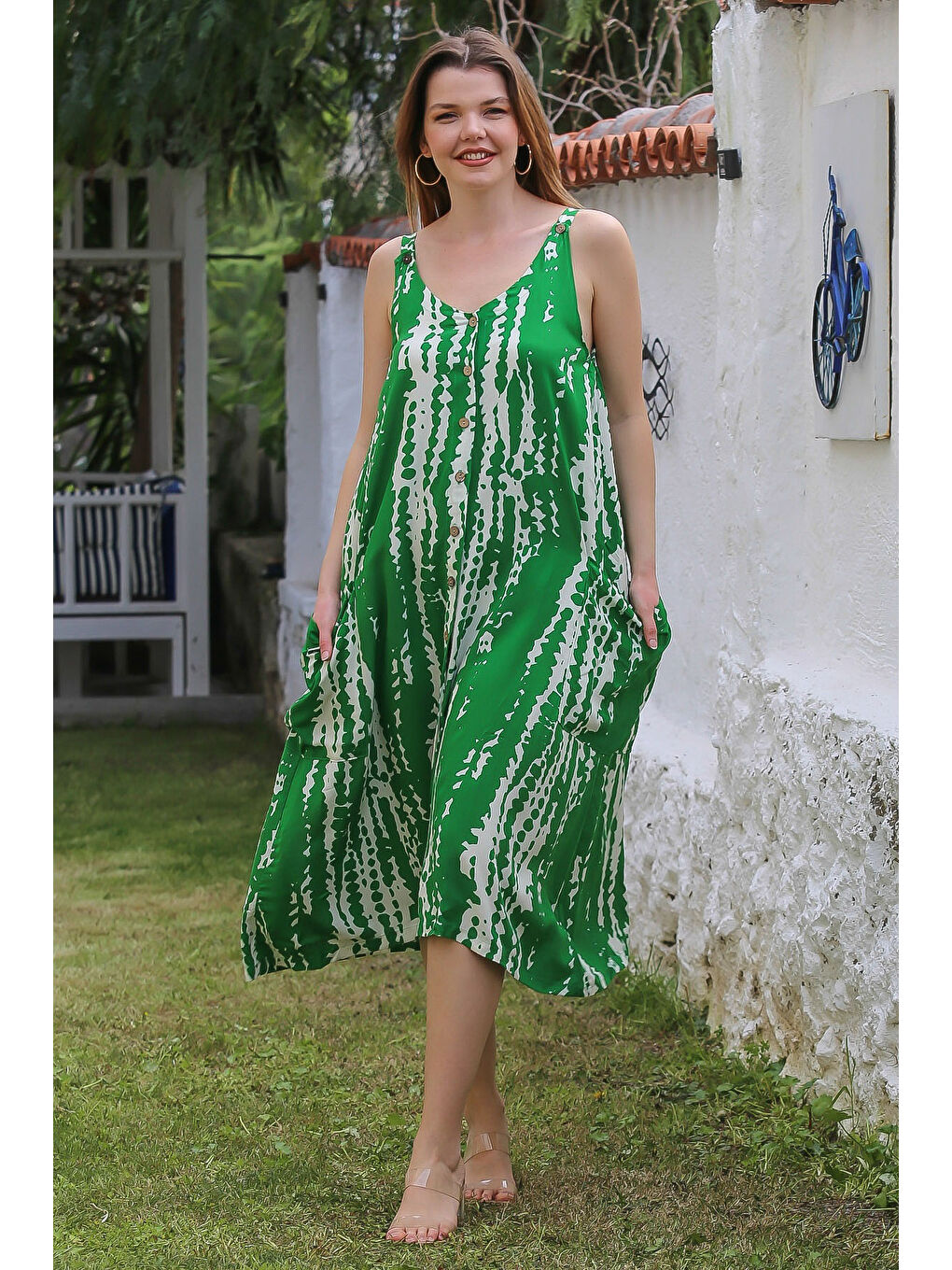 Yeşil Askılı Düğmeli Cepli Allover Baskılı Casual Viskon Dokuma Elbise 115 60-1