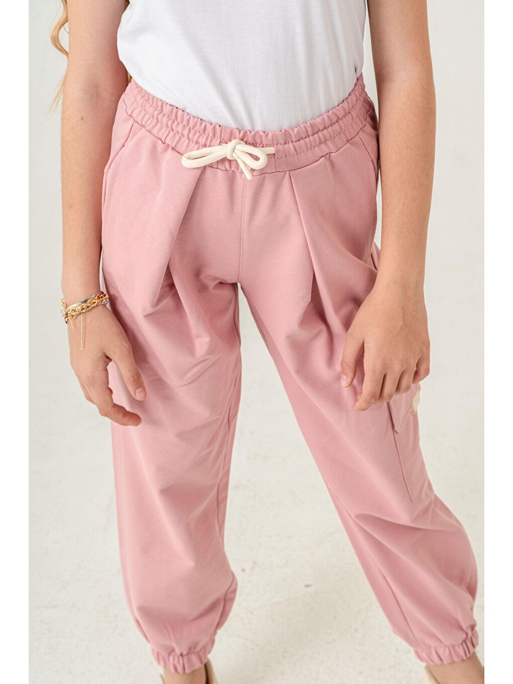 Pembe Kargo Cepli Paça Lastikli Cep Kapagı Balıksırtlı Kız Çocuk Eşofman Altı-5